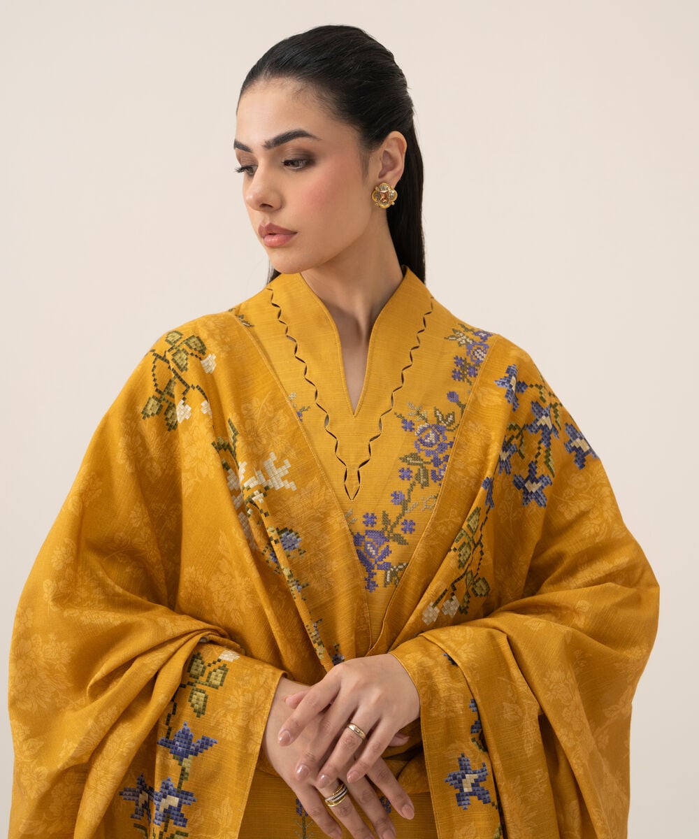Women's Unstitched Lawn Embroidered Mustard 3 Piece Suit