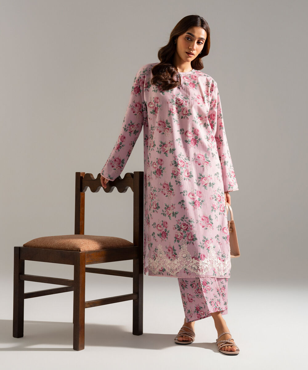 Women's RTW Seersucker Embroidered Pink 2 Piece Suit