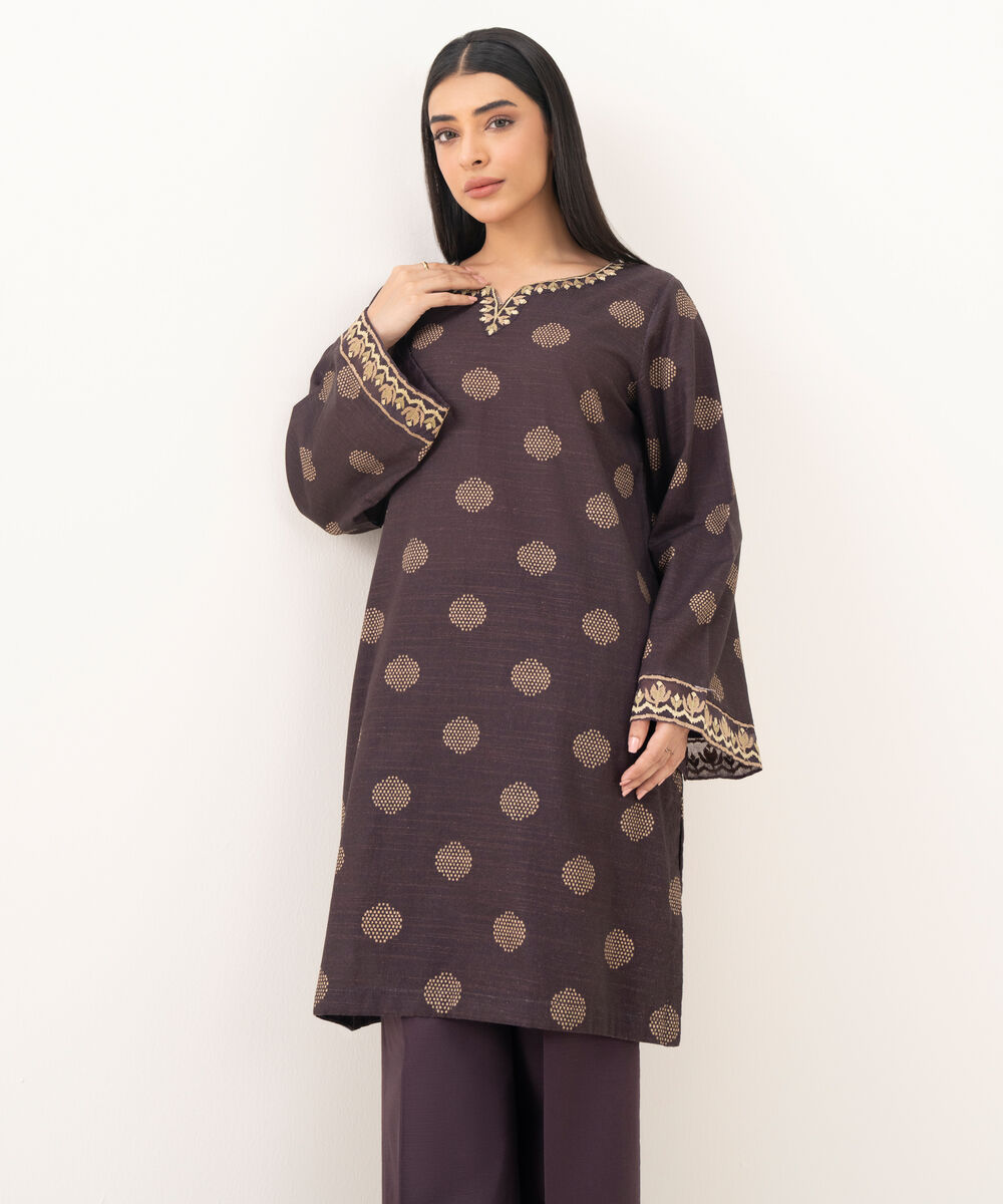 Women's RTW Light Khaddar Embroidered Brown Straight Shirt
