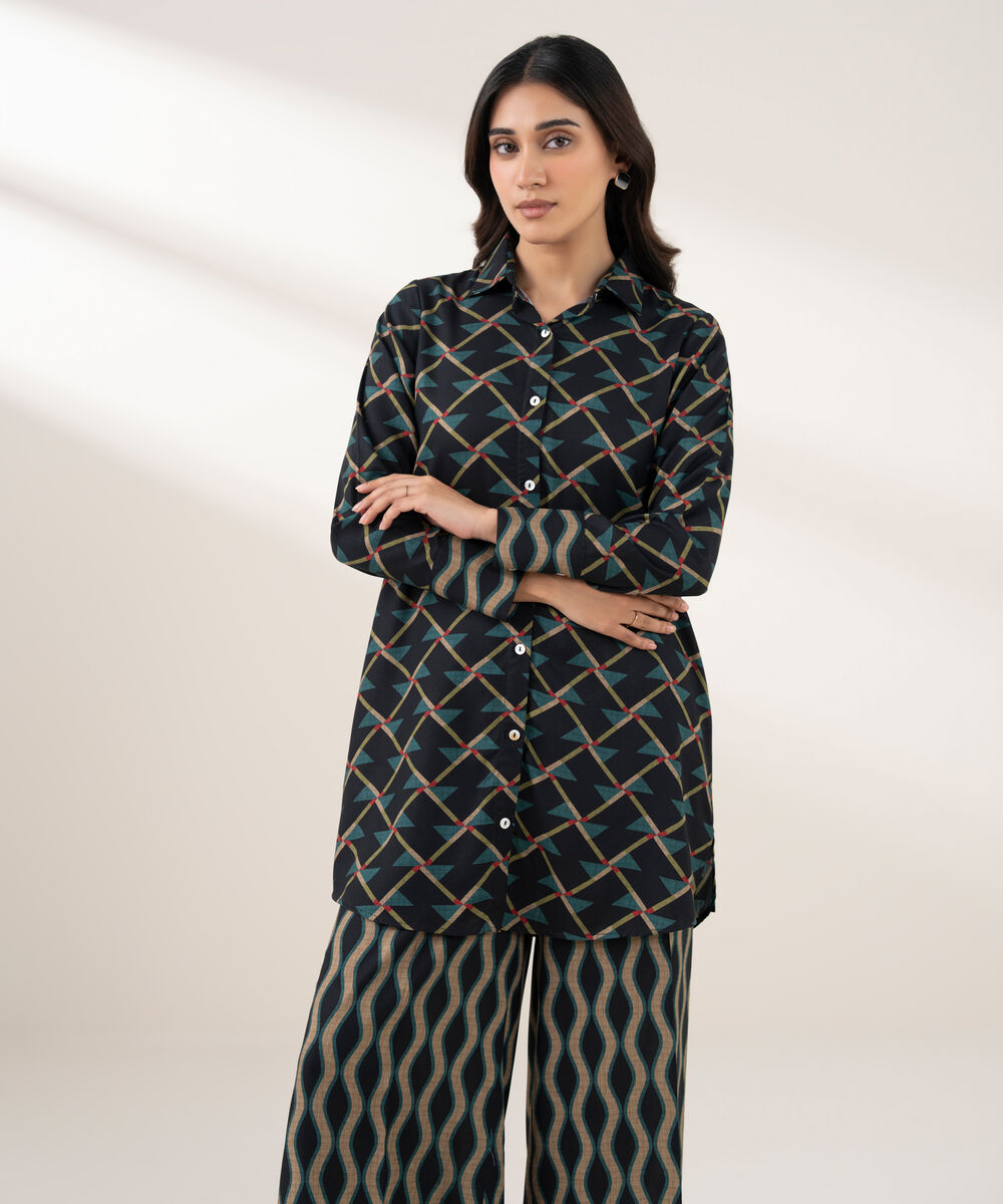 Women's RTW Viscose Linen Printed Straight Blue Shirt