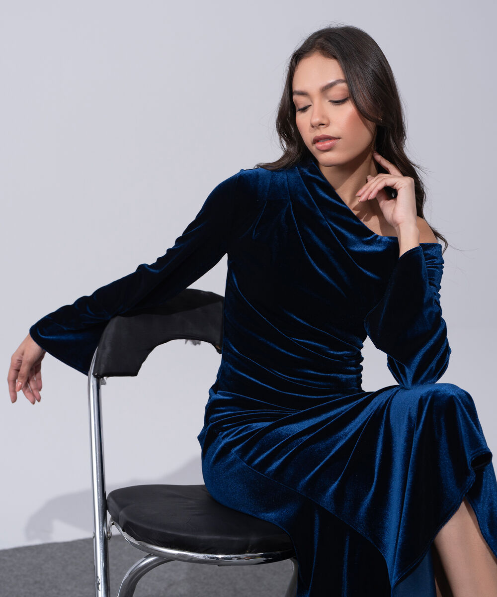 Women's Western Wear Blue Polyester Velvet Off-Shoulder Dress