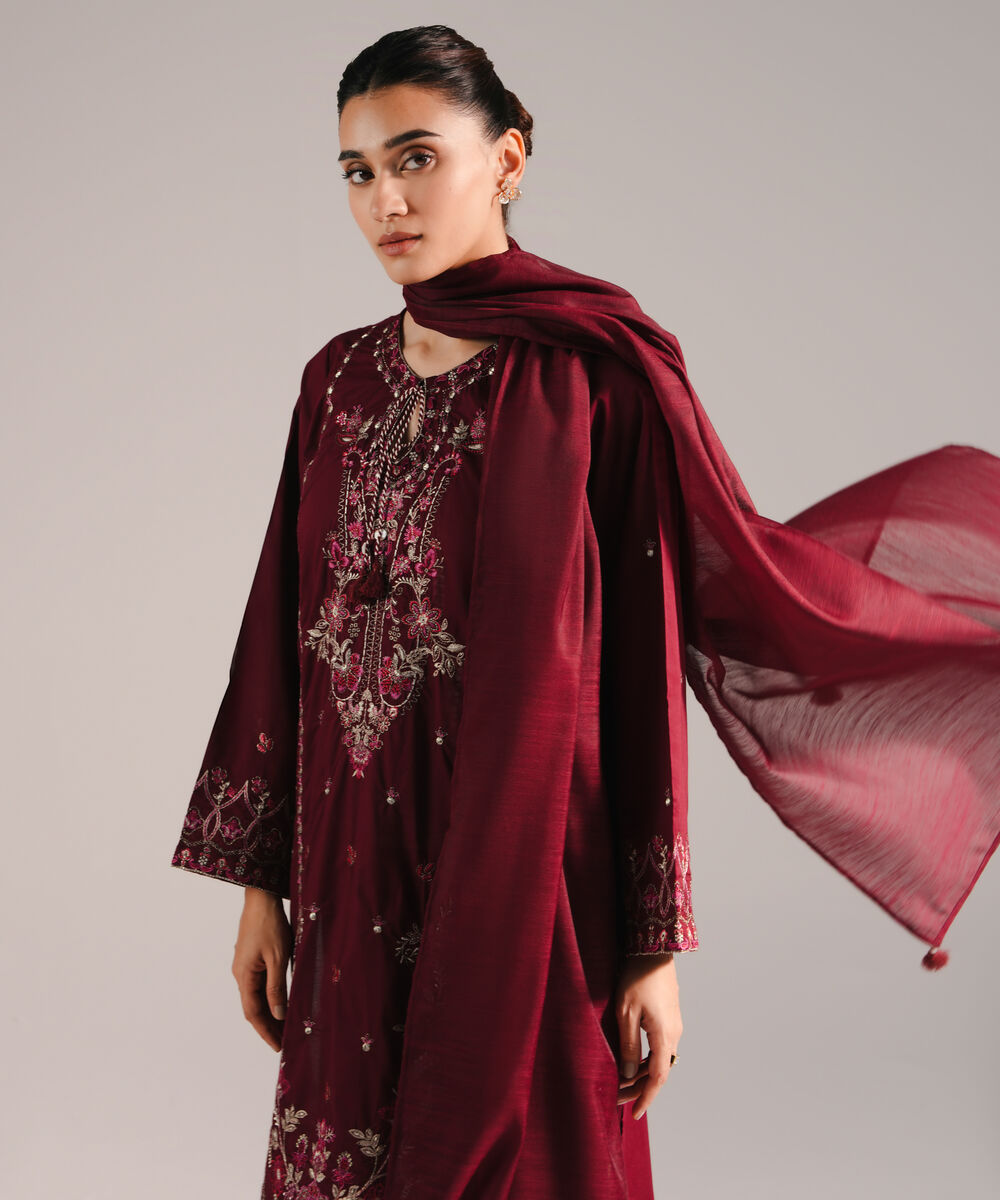 Women's RTW Lawn Embroidered Deep Maroon 3 Piece Suit