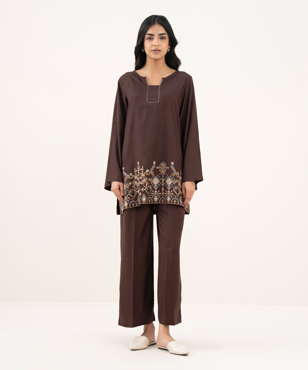 Women's RTW Khaddar Embroidered Straight Brown Shirt