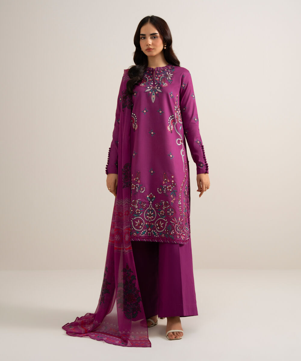 Women's Unstitched Embroidered Cotton Viscose Purple 3 Piece Suit