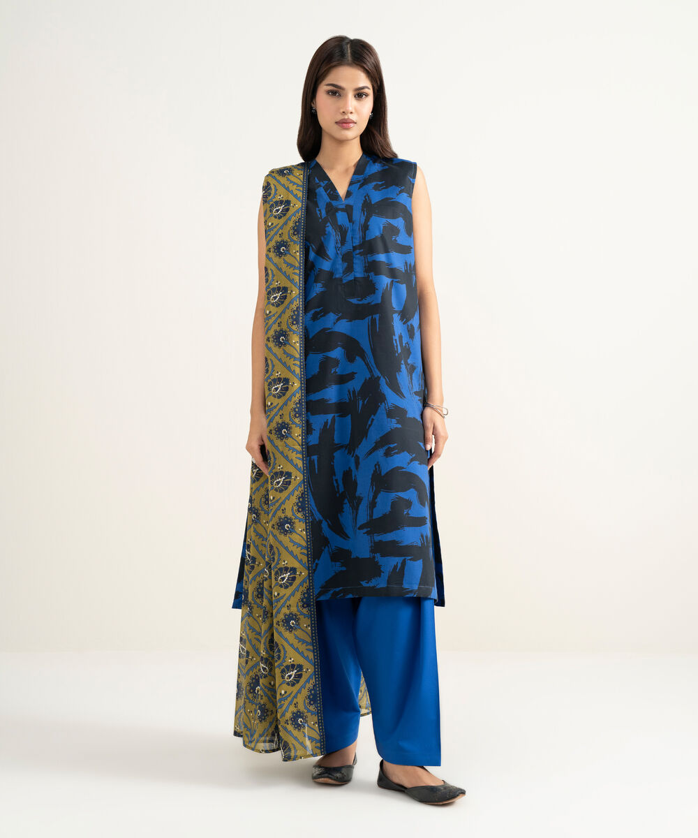 Women's RTW Cambric Printed Blue 3 Piece Suit