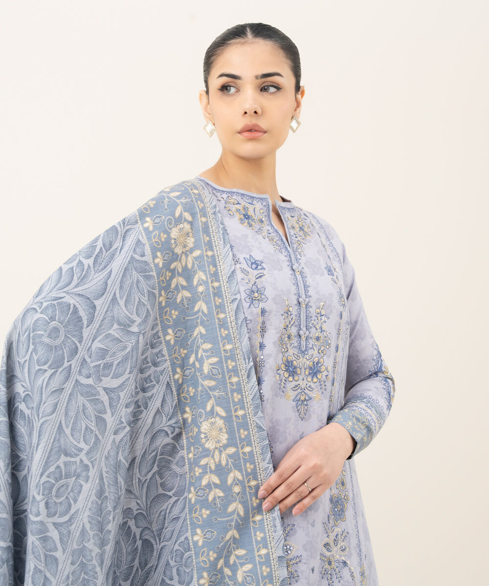 Women's Unstitched Embroidered Cotton Jacquard Grey 3 Piece Suit