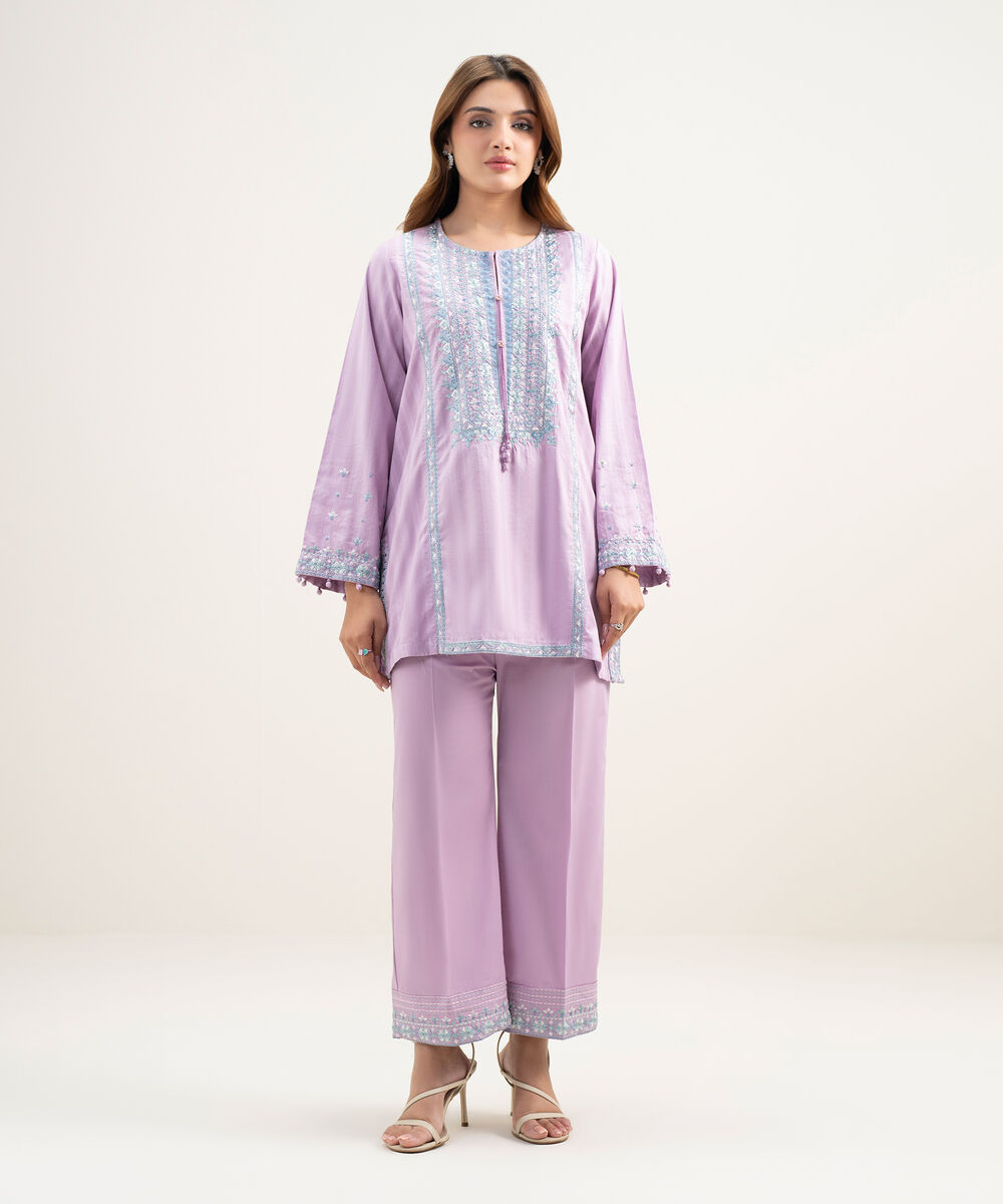 Women's RTW Dobby Embroidered Lilac 2 Piece Suit