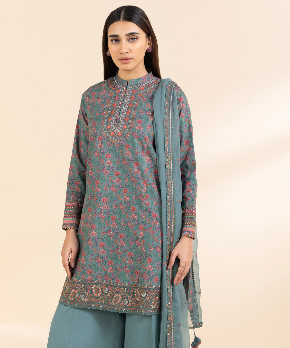 Unstitched Women's Embroidered Lawn Blue Three Piece Suit