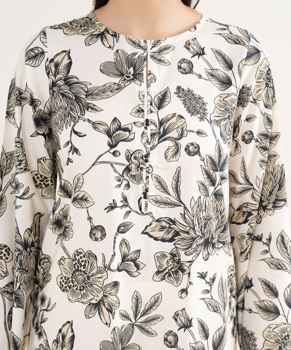 Women's RTW Viscose Lawn White Printed Straight Shirt