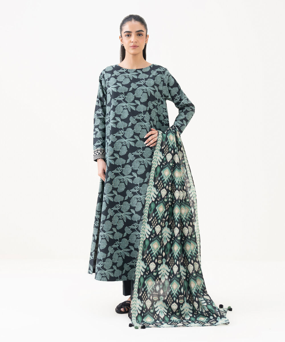 Women's Unstitched Khaddar Printed Blue 3 Piece Suit