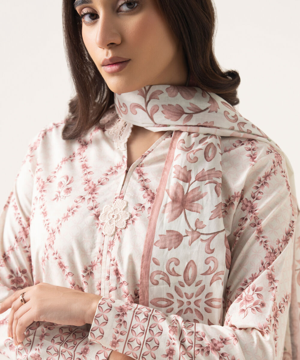 Women's Unstitched Lawn Printed Pink 3 Piece Suit