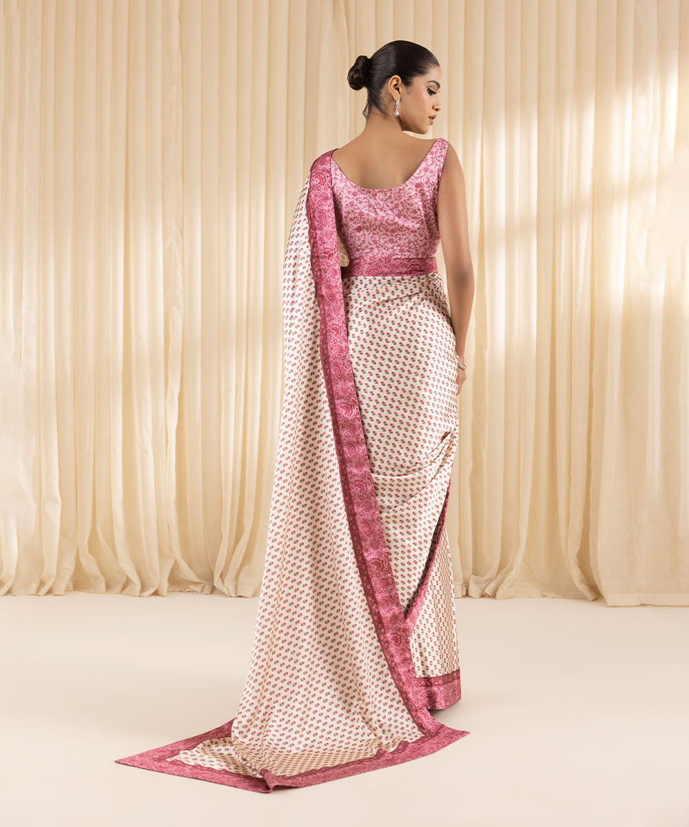 Women's Embroidered Blended Satin Pink Saree