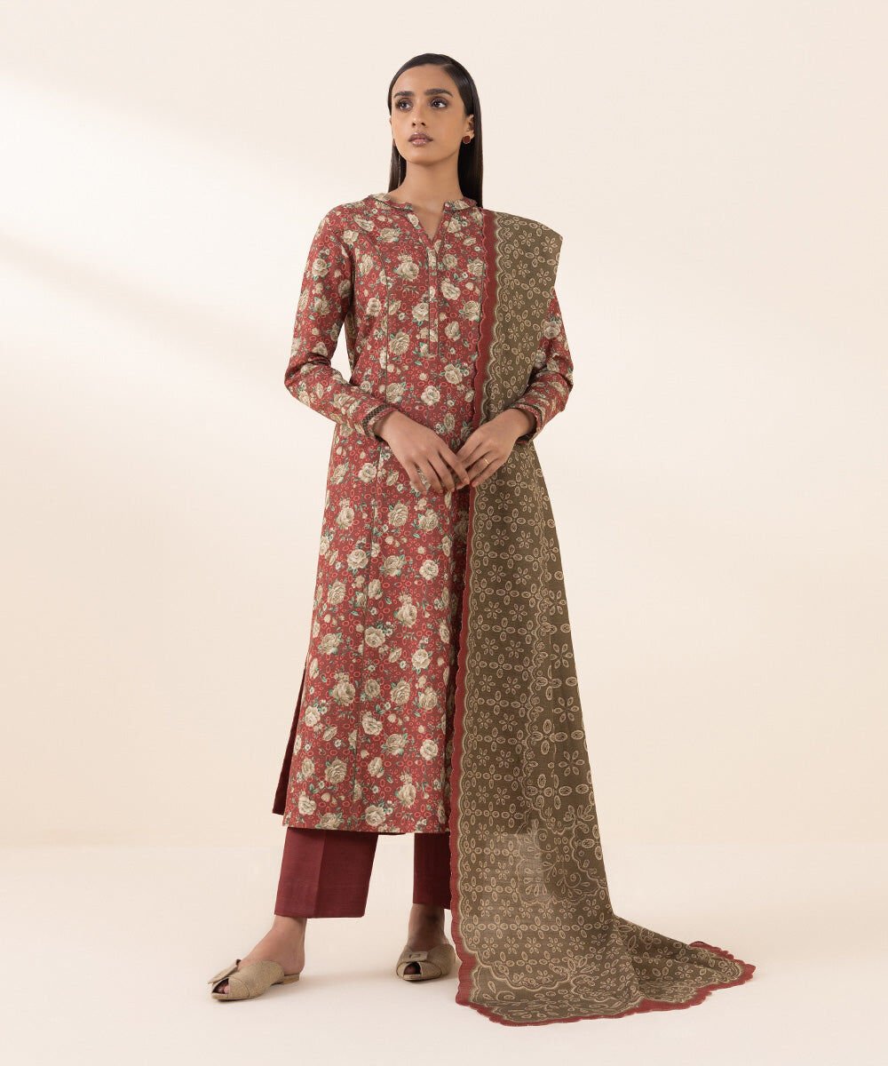 3 Piece - Printed Khaddar Suit Women's Pret Khaddar Red Printed 3 Piece Suit