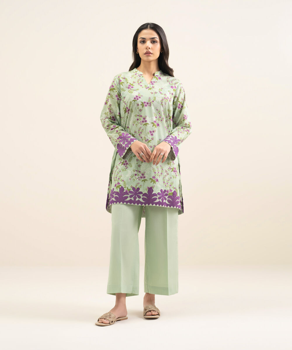 Women's RTW Slub Lawn Embroidered Green Straight Shirt