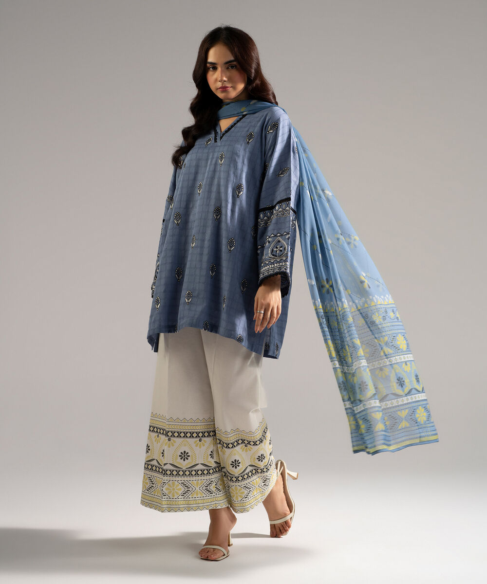 Women's RTW Dobby Embroidered Blue 3 Piece Suit