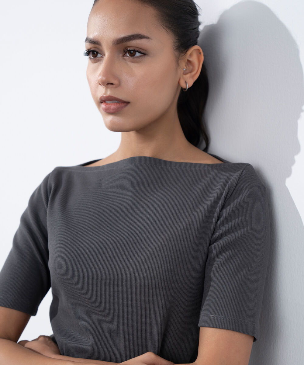 Women's Western Wear Grey Slash Neck Rib Top