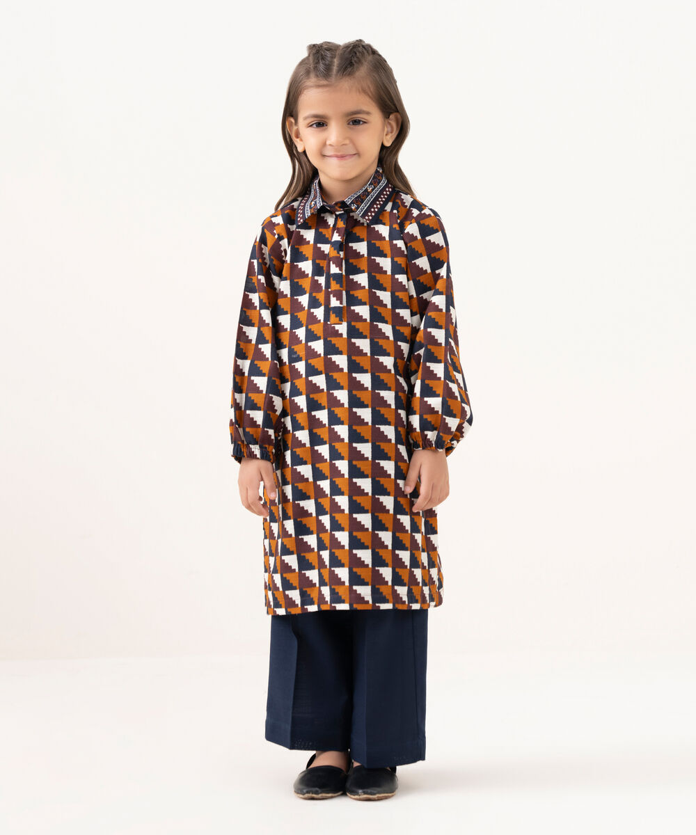 Girl's Light Khaddar Printed Brown 2 Piece Suit
