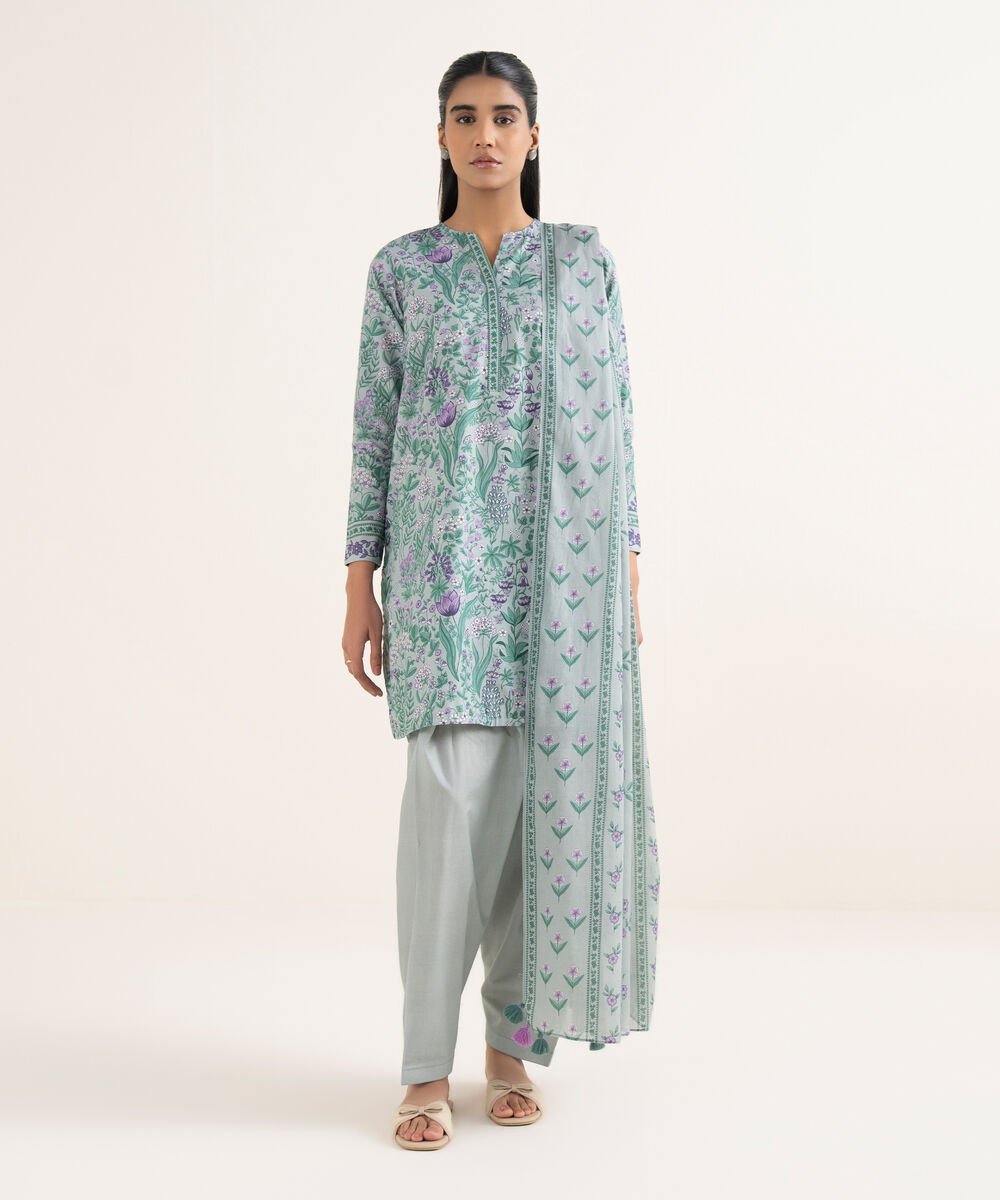 Women's Unstitched Cotton Printed Grey 3 Piece Suit