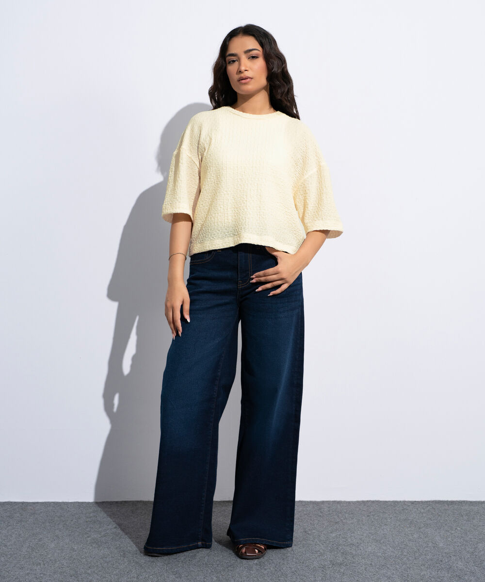 Women's White Short Body Textured T-Shirt