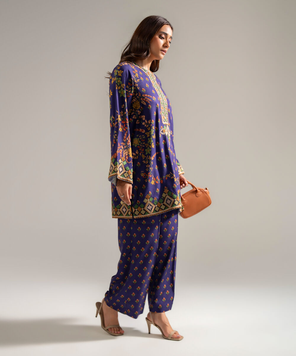 Women's RTW Self Jacquard Embroidered Dark Blue 2 Piece Suit