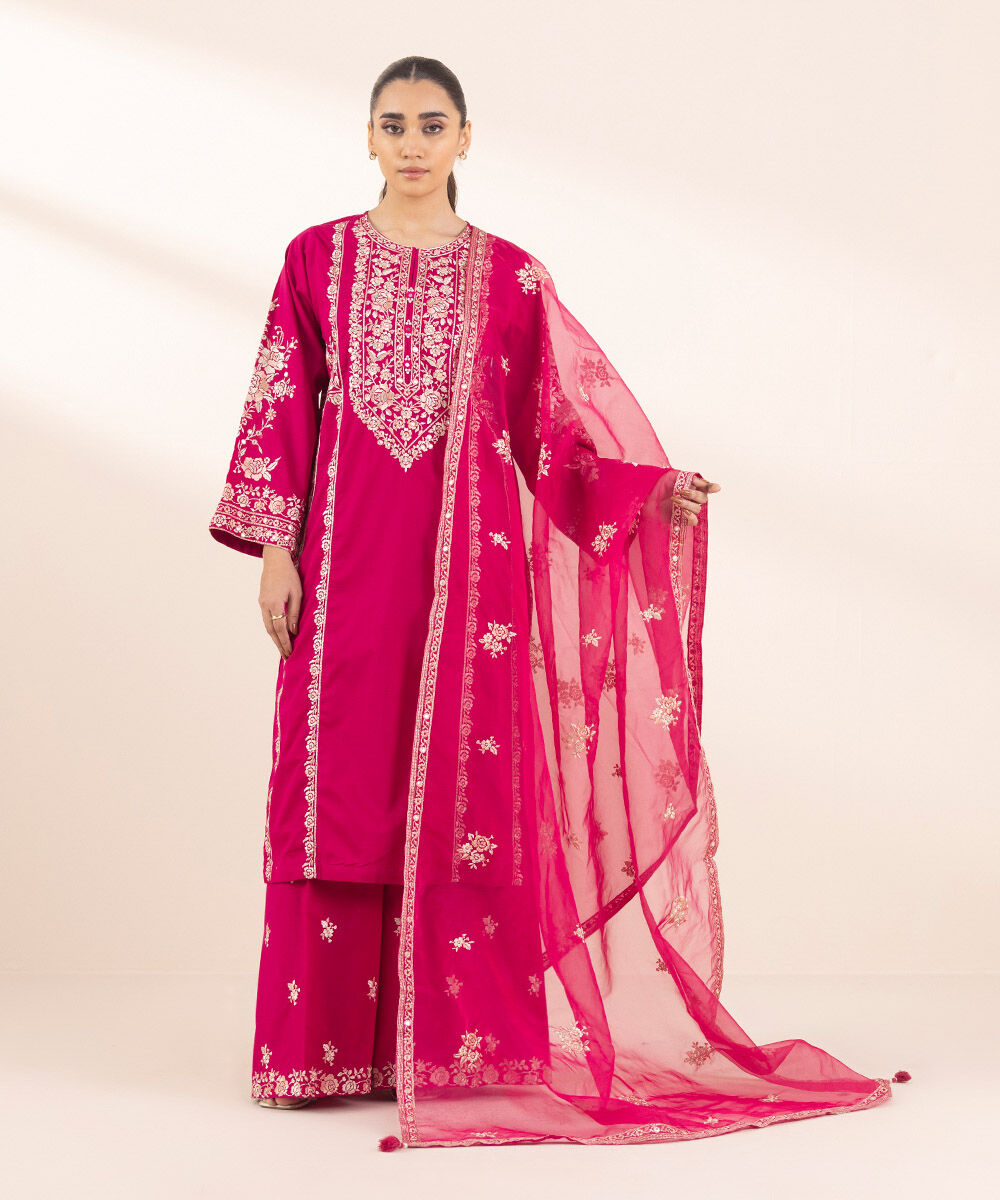 Blended Organza Pink Embroidered Dupatta