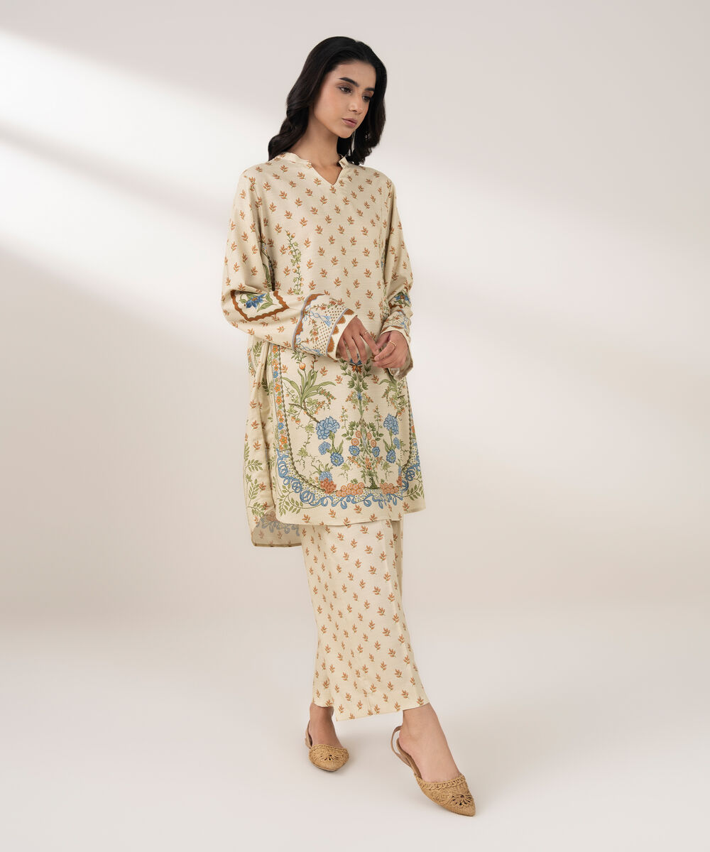 Women's RTW Viscose Linen Printed Pale Yellow 2 Piece Suit