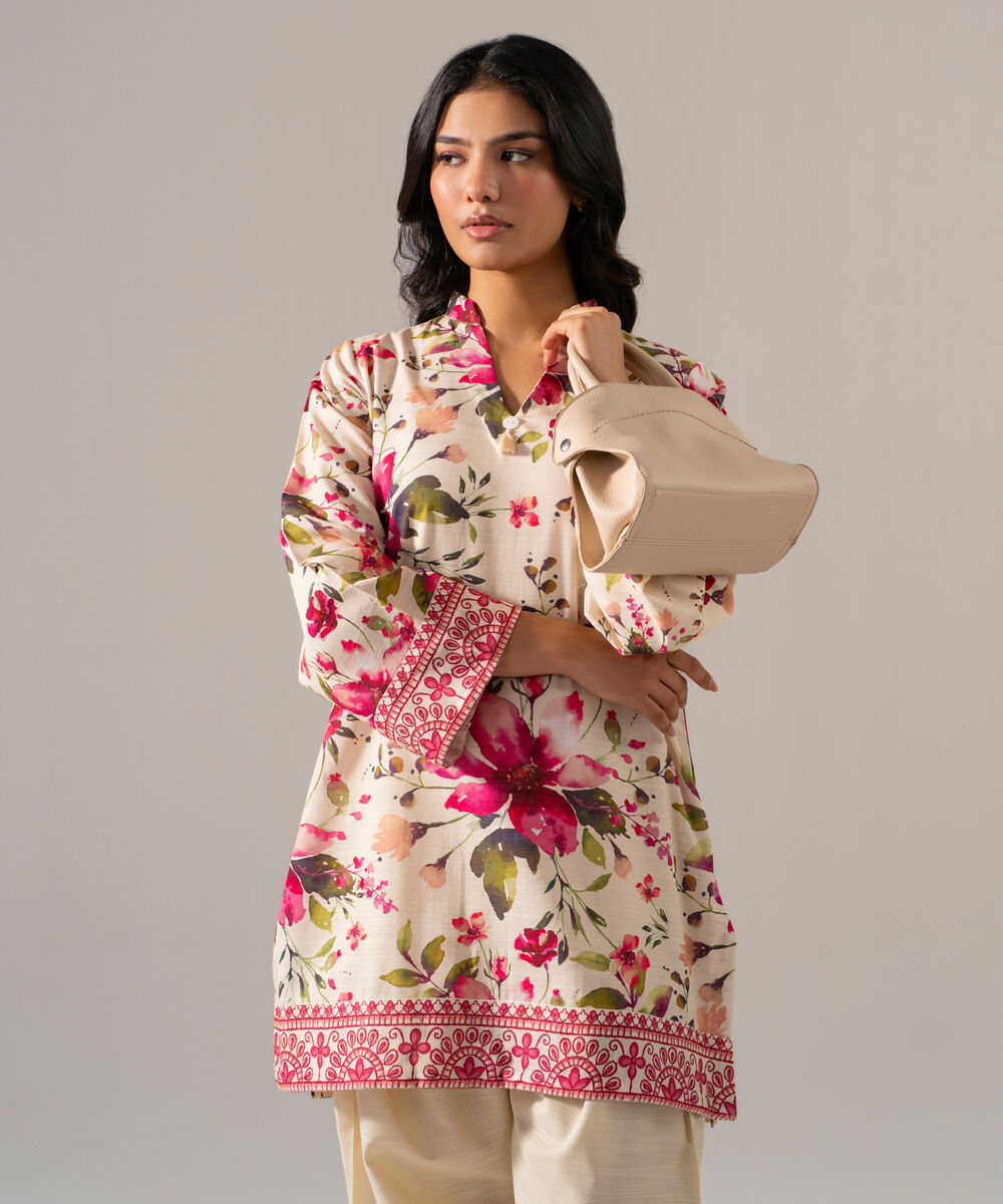 Women's RTW Khaddar Printed Off White Straight Shirt