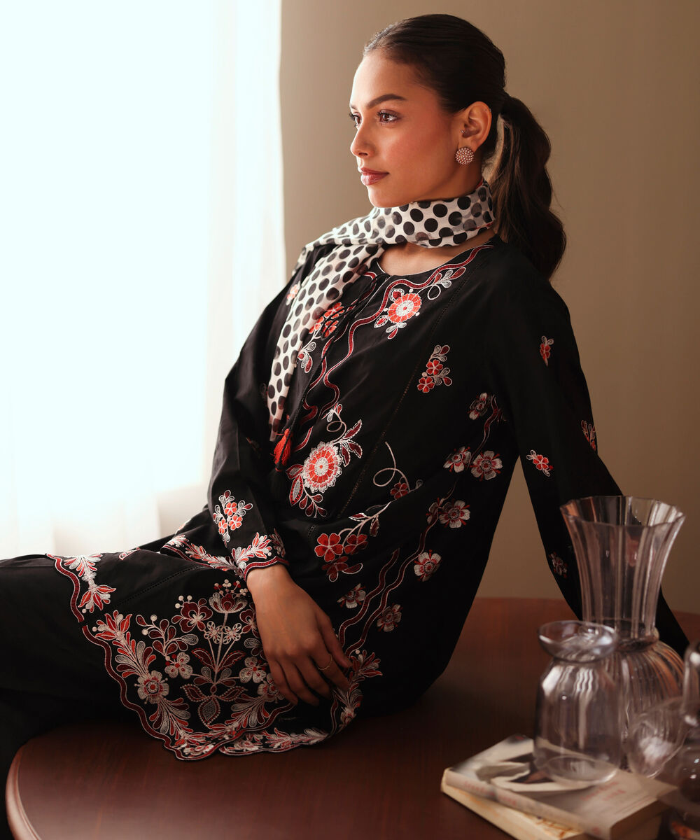 Women's RTW Self Jacquard Embroidered Black Straight Shirt