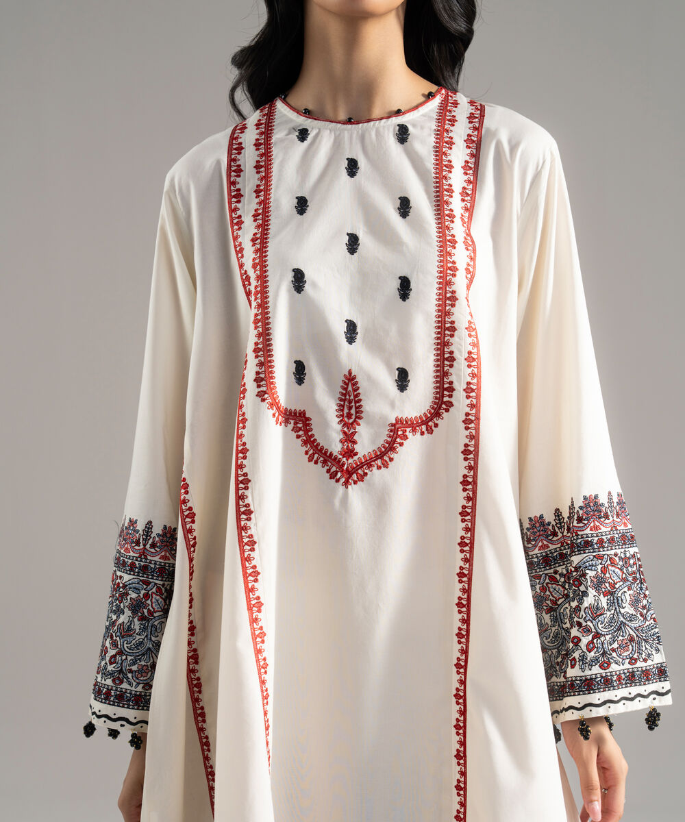 Women's RTW Solid Embroidered Cambric Off White A-Line Shirt