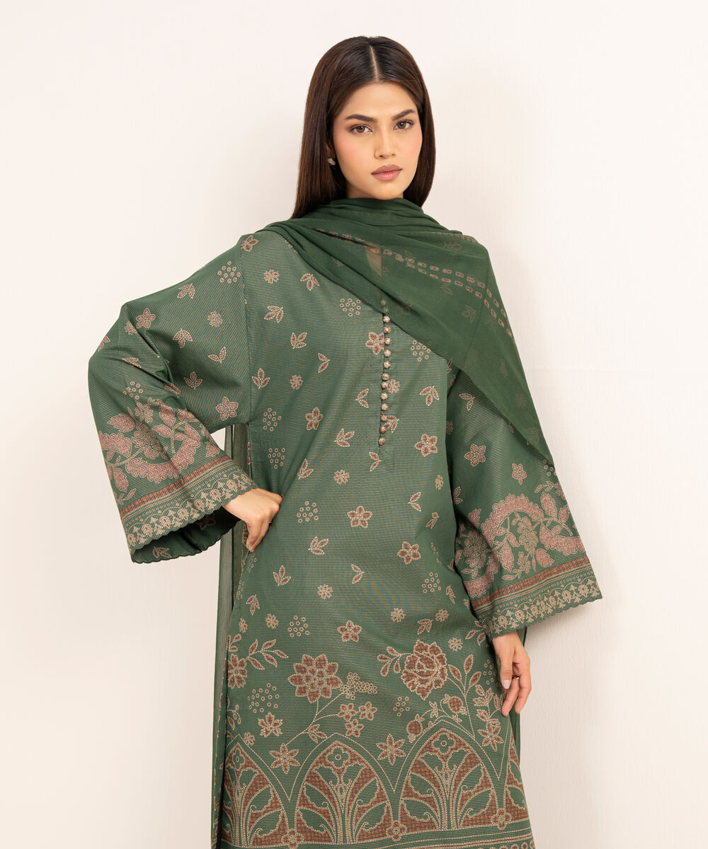 Women's Unstitched Zari Lawn Printed Green 3 Piece Suit