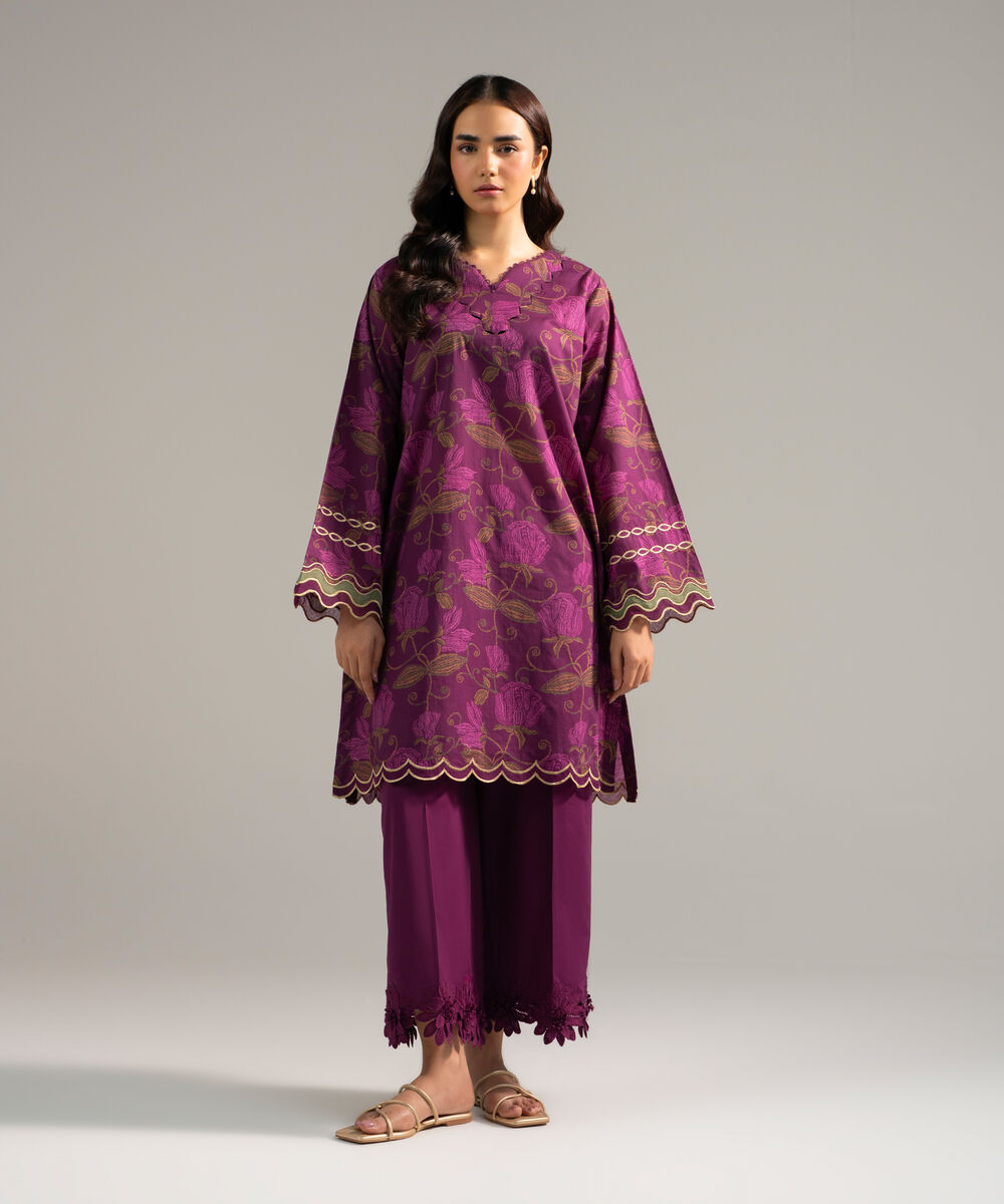 Women's RTW Slub Lawn Embroidered Purple 2 Piece Suit