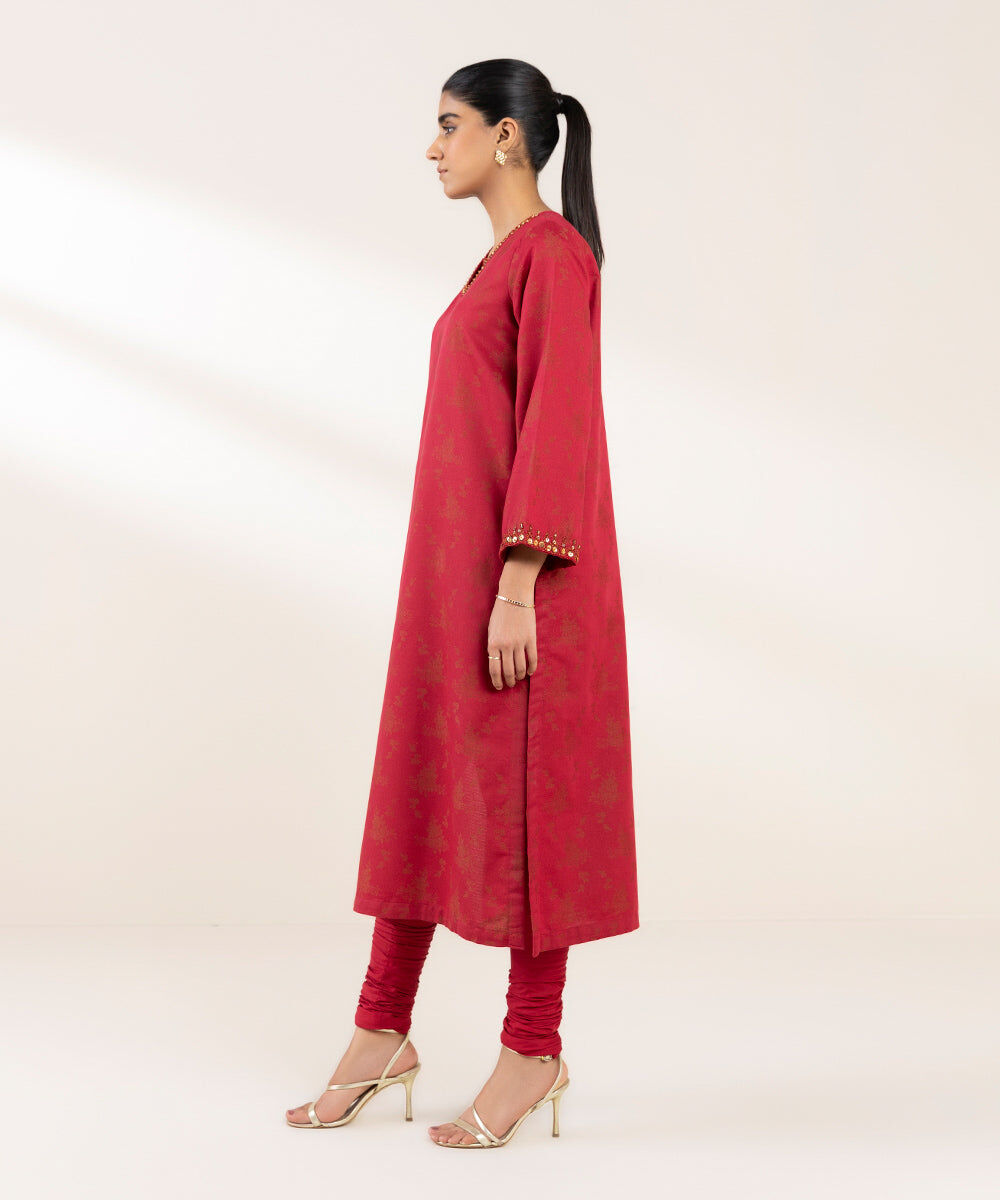 Woman - Red Embroidered Cotton Jacquard Shirt