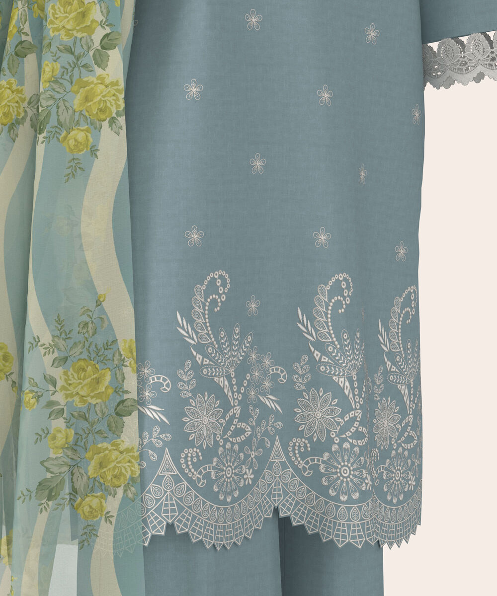 Women's Unstitched Self Jacquard Blue  Embroidered 3 Piece Suit