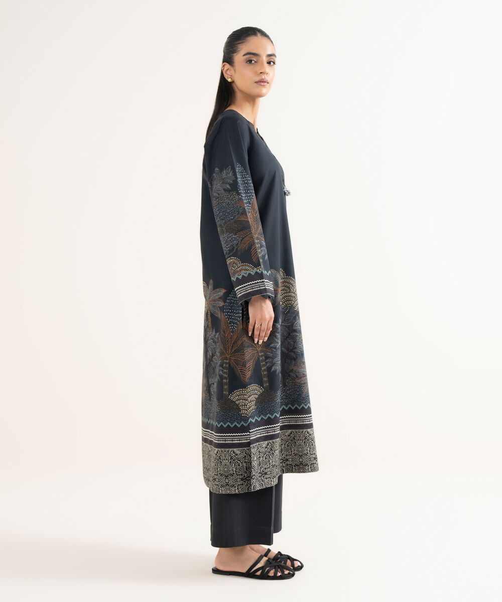 Women's RTW Cambric Printed Straight Black Shirt