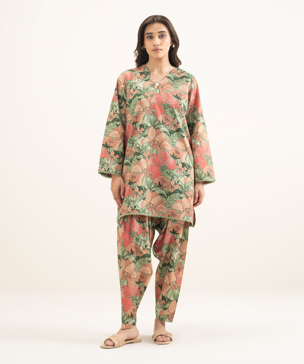 Women's RTW Cambric Printed Green Straight Shirt