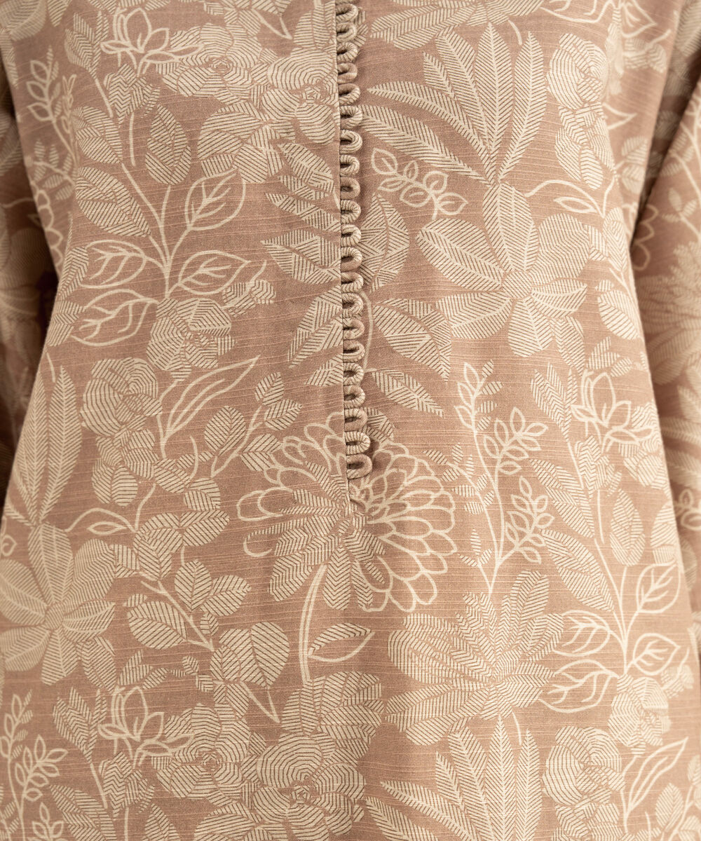 Women's Unstitched Printed Cotton Fawn and Off White 3 Piece Suit