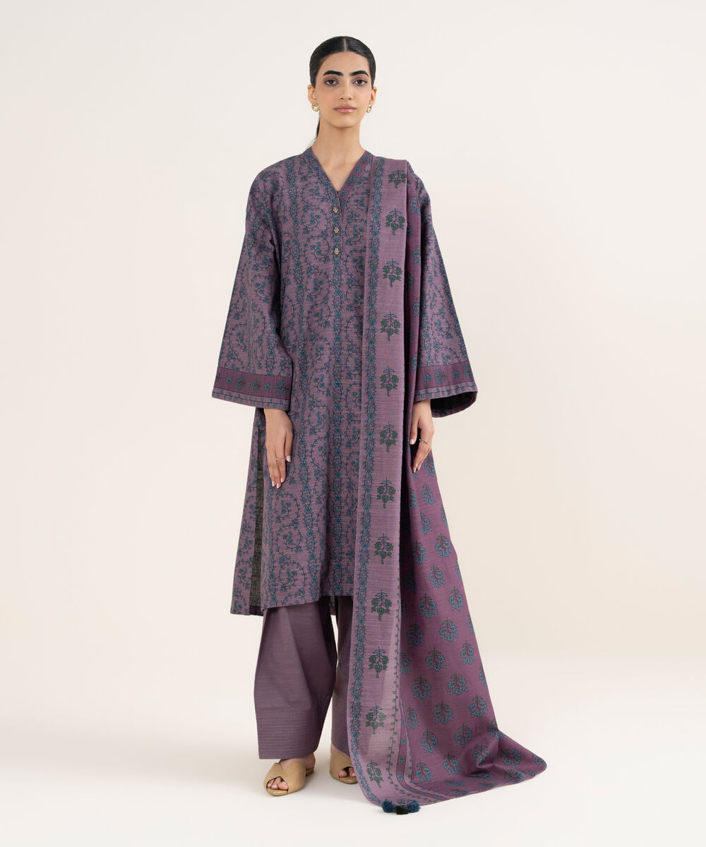 Women's Unstitched Printed Khaddar Purple 3 Piece Suit