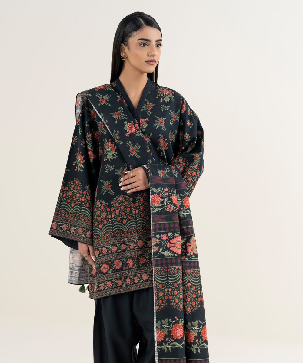 Women's Unstitched Printed Khaddar Black 3 Piece Suit