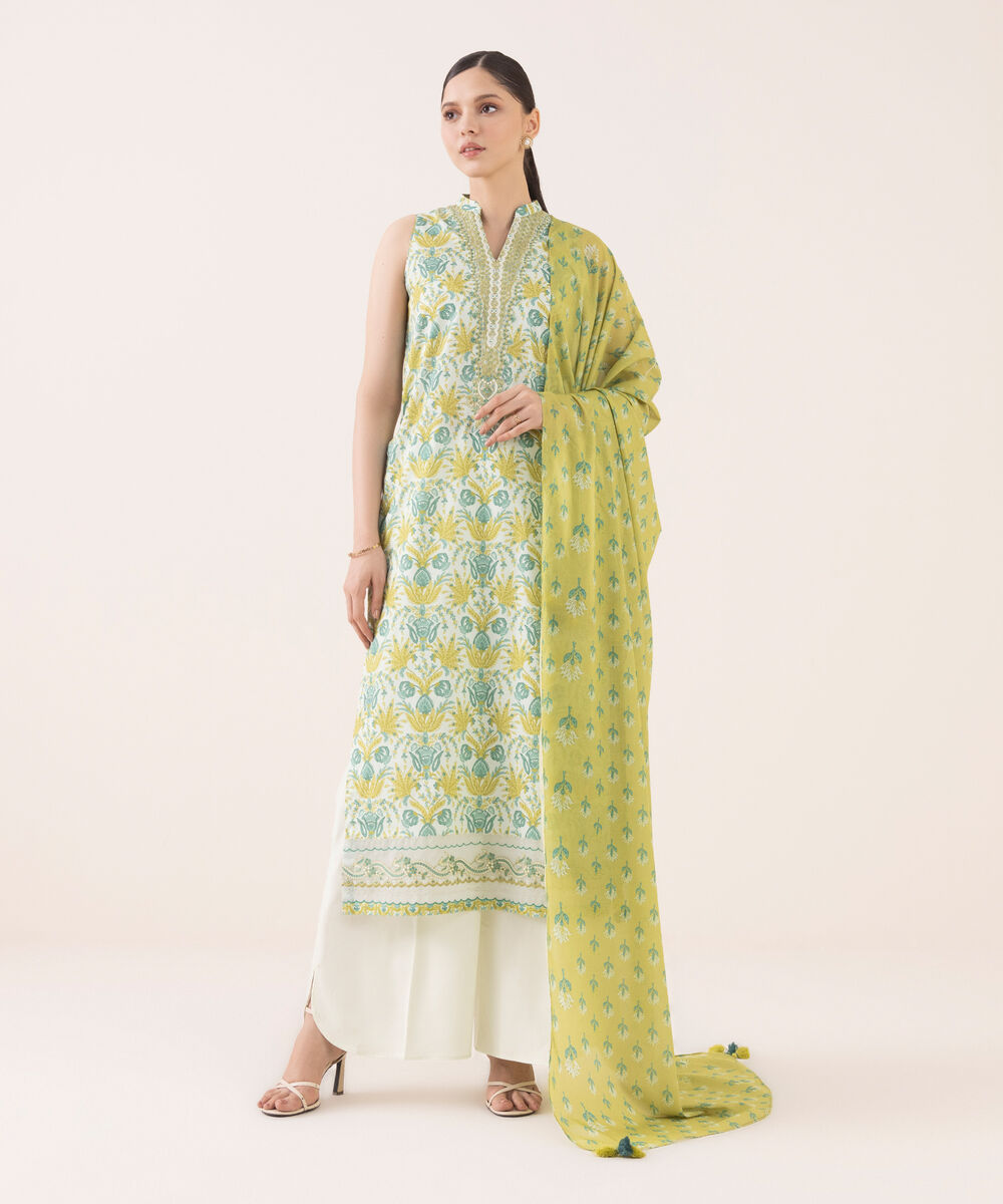 Women's Unstitched Cotton Embroidered Multi Three Piece Suit