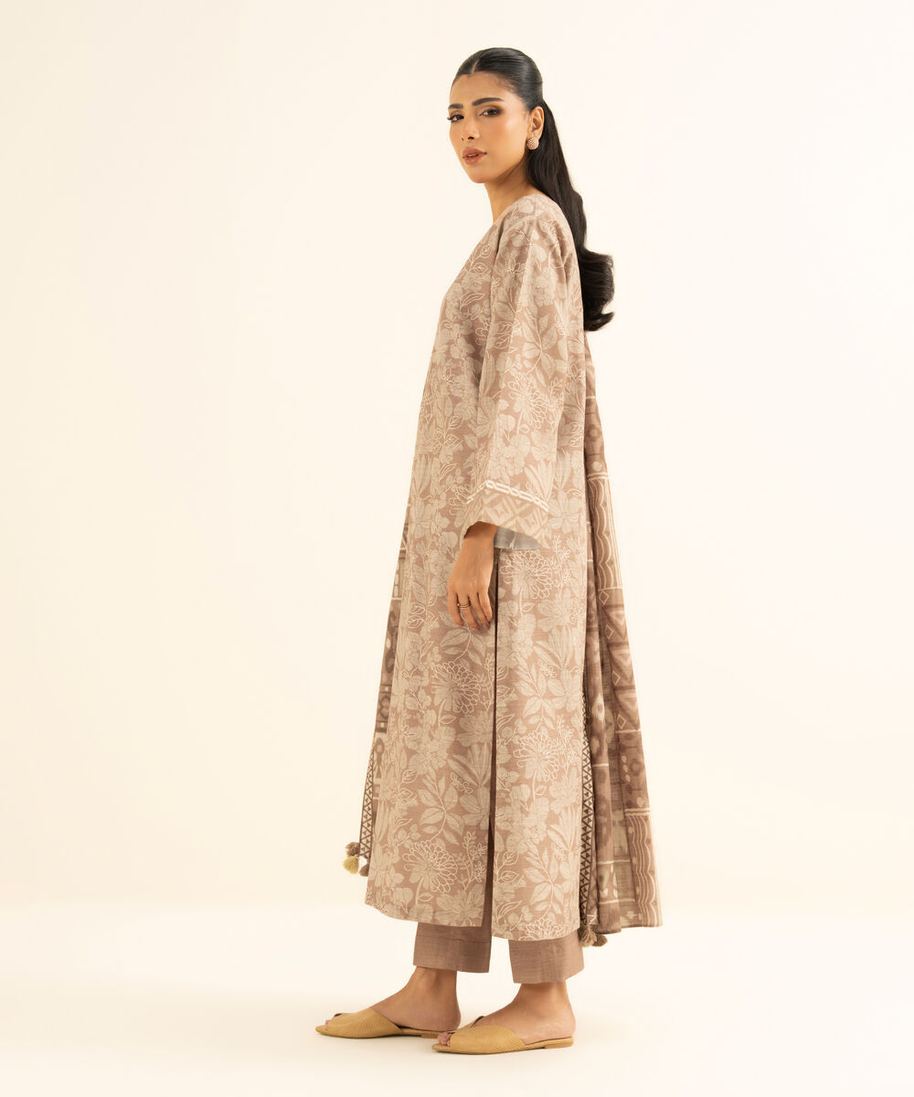 Women's Unstitched Printed Khaddar Beige 3 Piece Suit