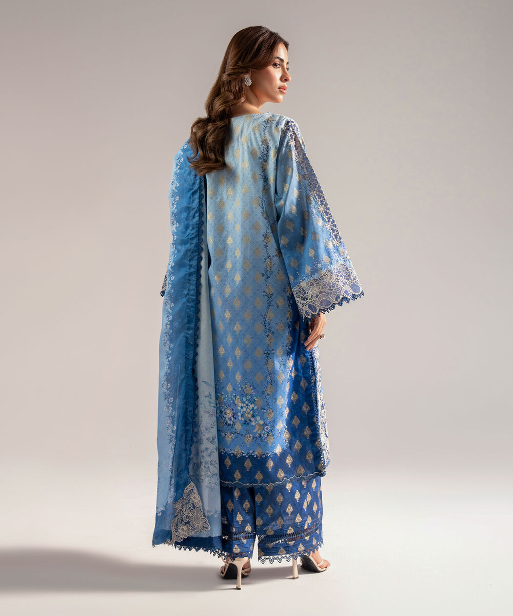 Women's RTW Self Jacquard Embroidered Blue 3 Piece Suit