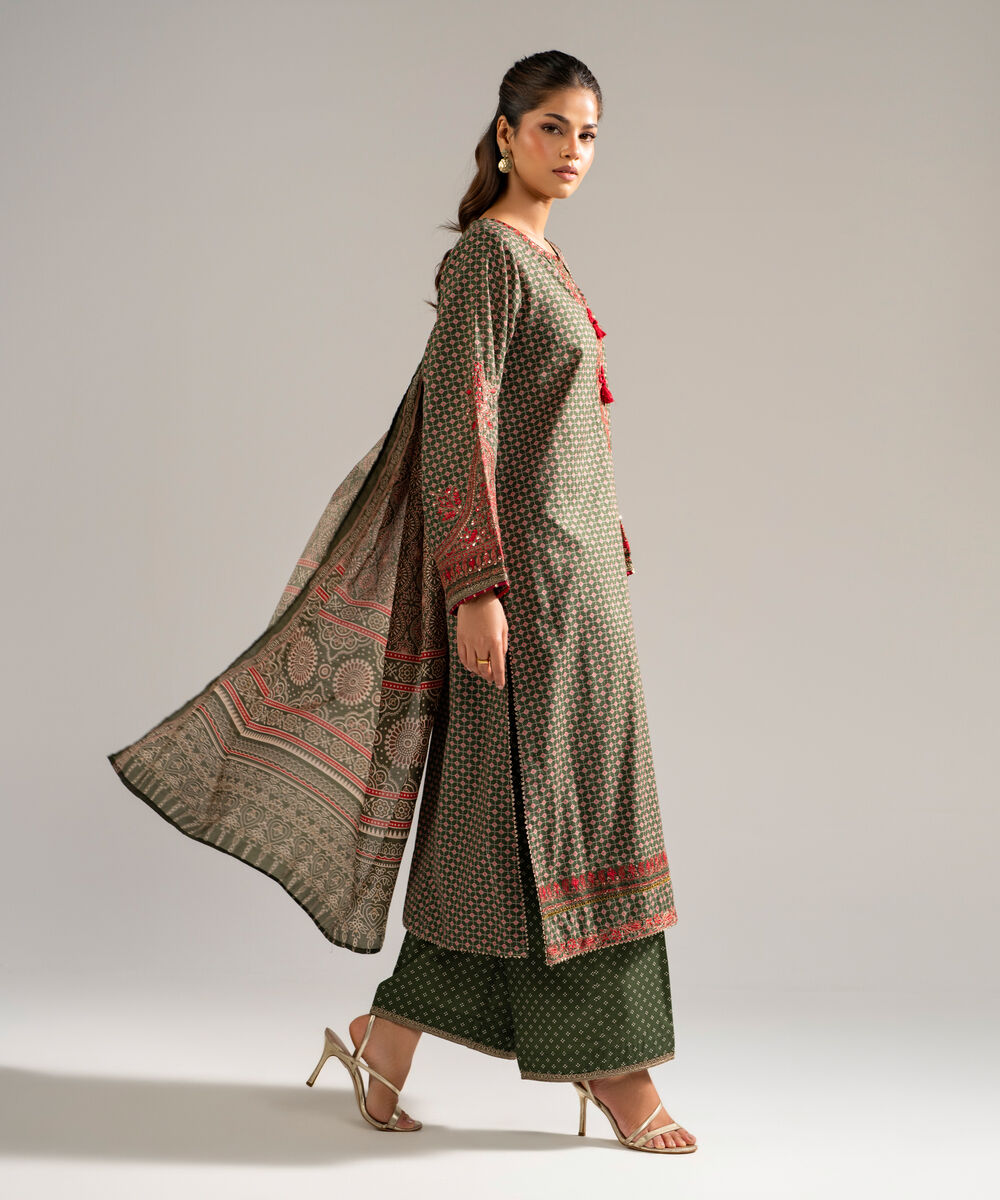 Women's RTW Dobby Embroidered Green 3 Piece Suit