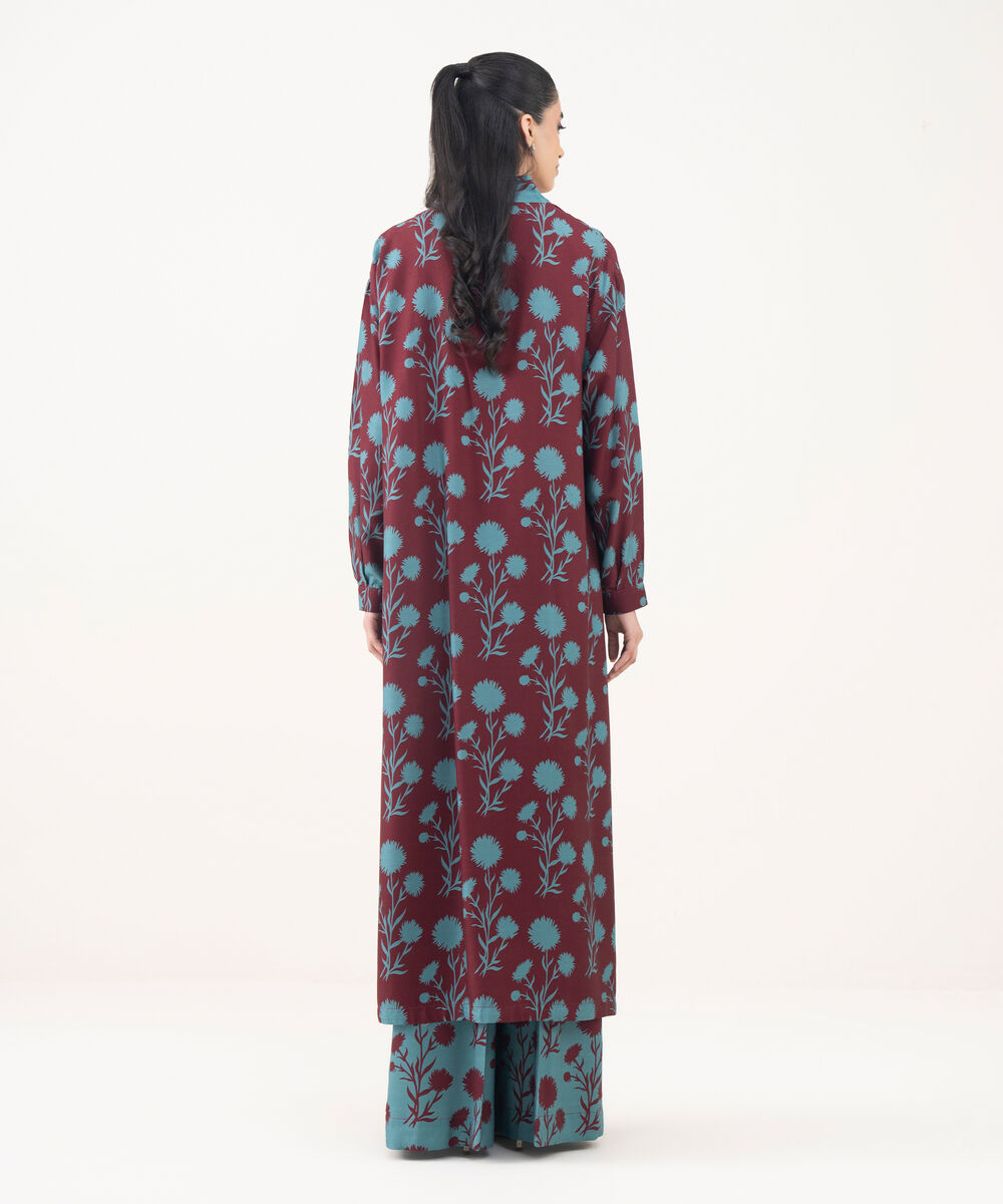 Women's RTW Viscose Linen Maroon Printed Drop Shoulder Shirt