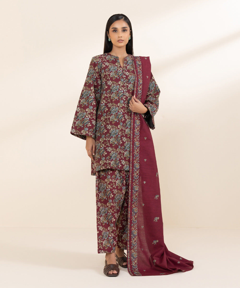 Khaddar Red Embroidered Dupatta