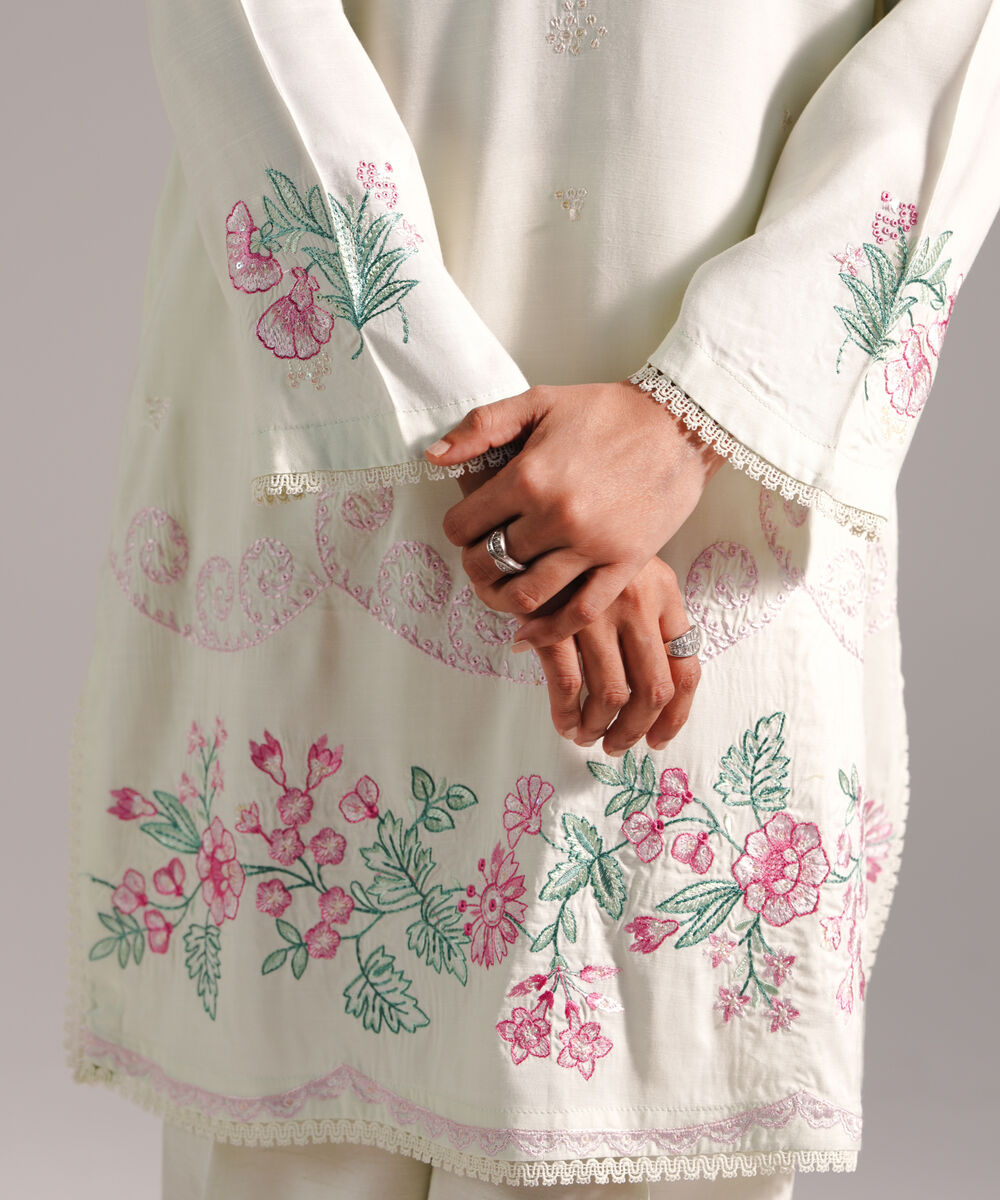 Women's RTW Viscose Raw Silk Embroidered Mint Green 2 Piece Suit