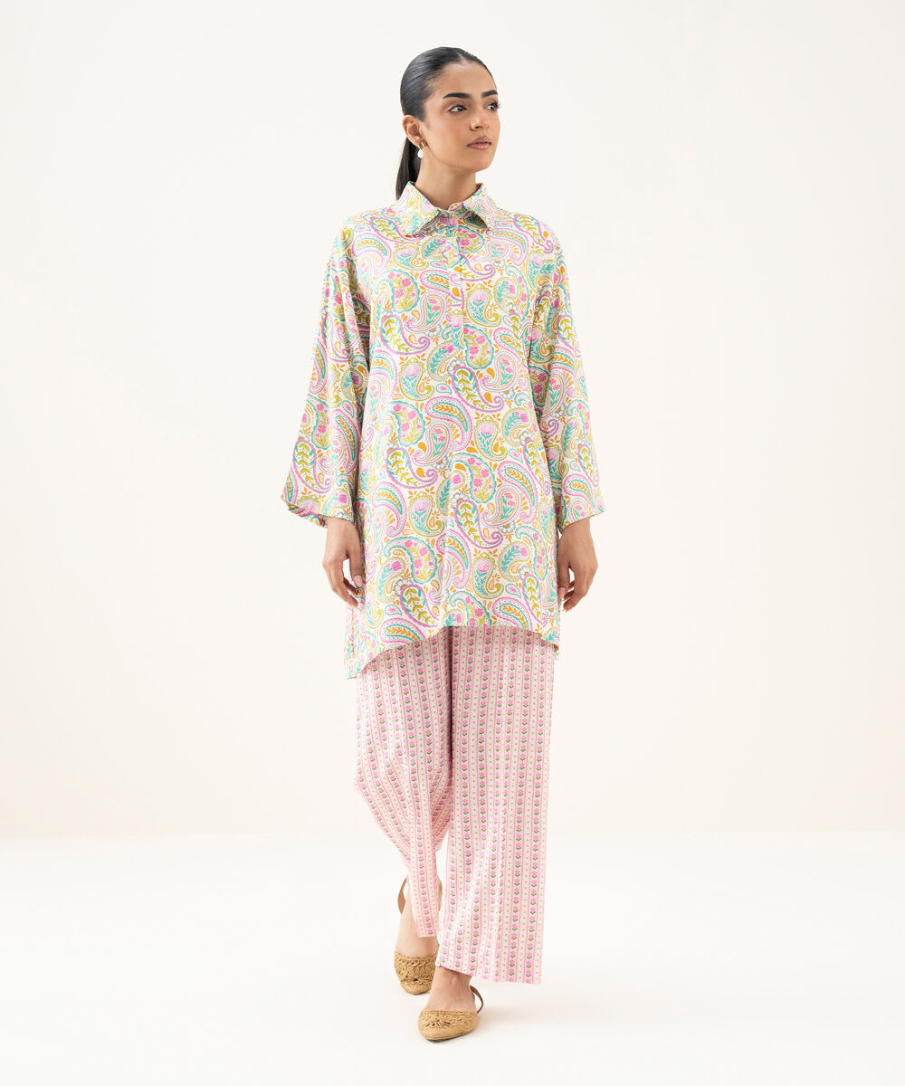 Women's RTW Linen Viscose Printed White Drop Shoulder Shirt