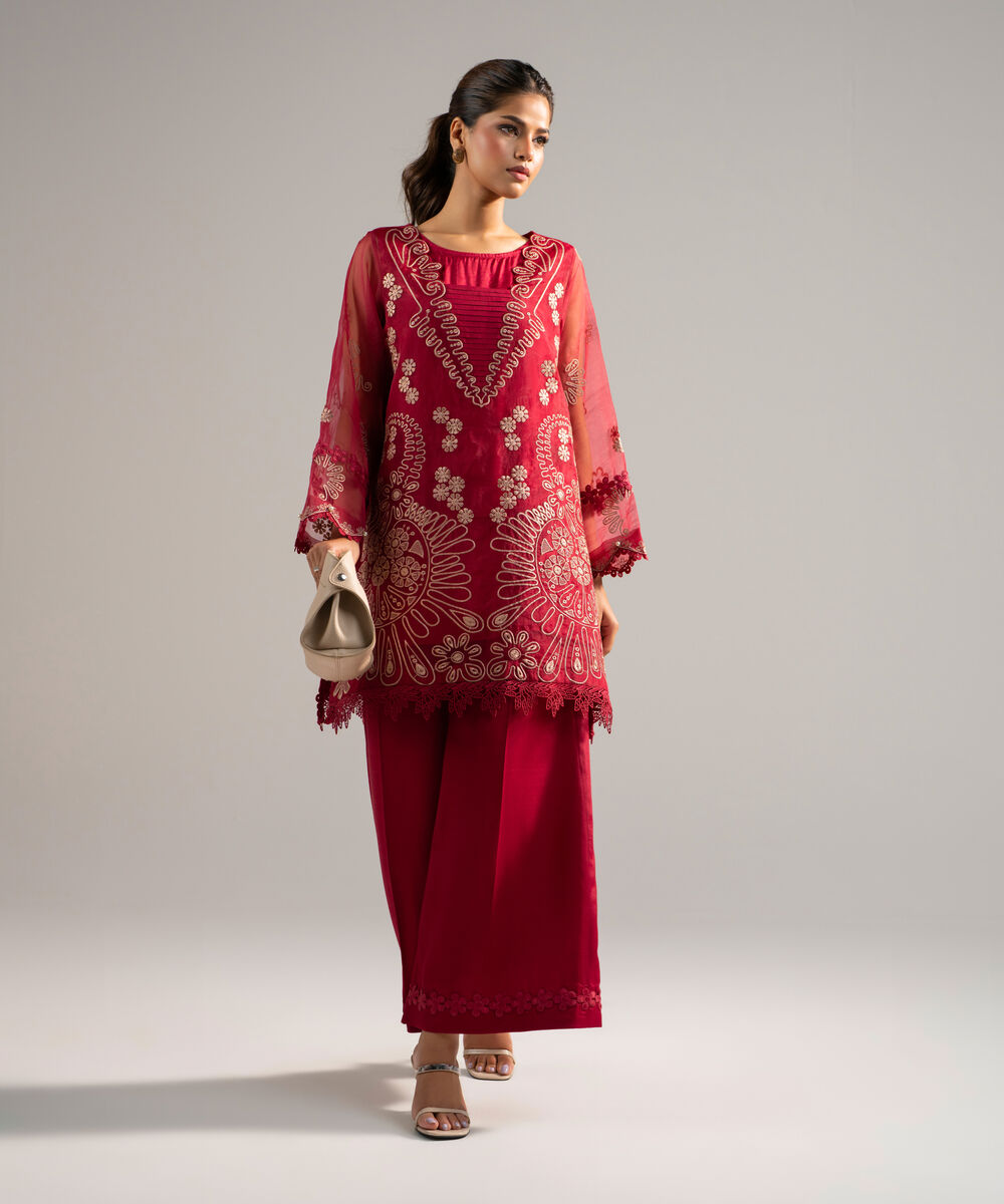 Women's RTW Organza Embroidered Red 2 Piece Suit