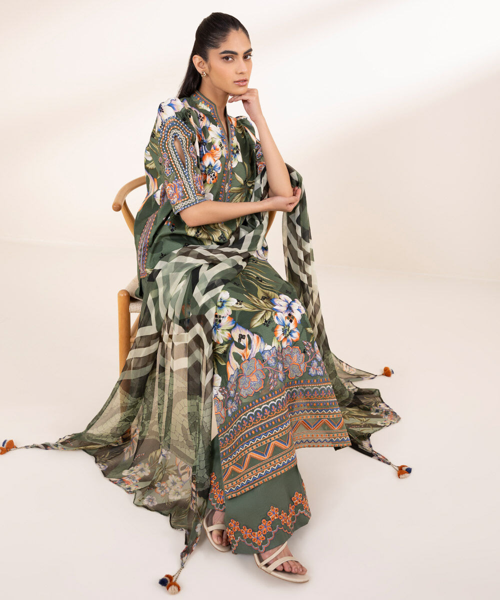 Unstitched Women's Embroidered Dobby Green Three Piece Suit