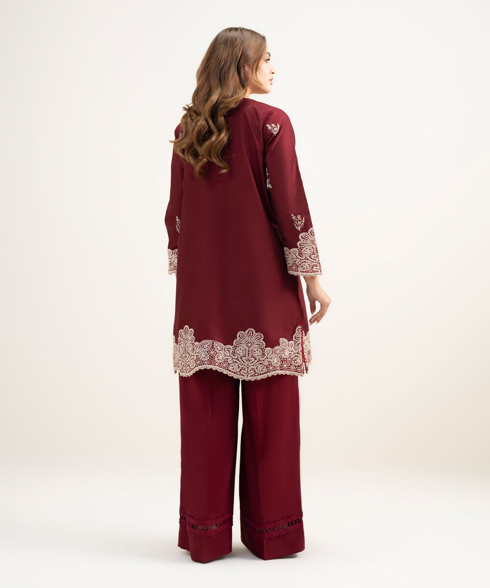 Women's RTW Silk Cotton Net Embroidered Maroon 2 Piece Suit