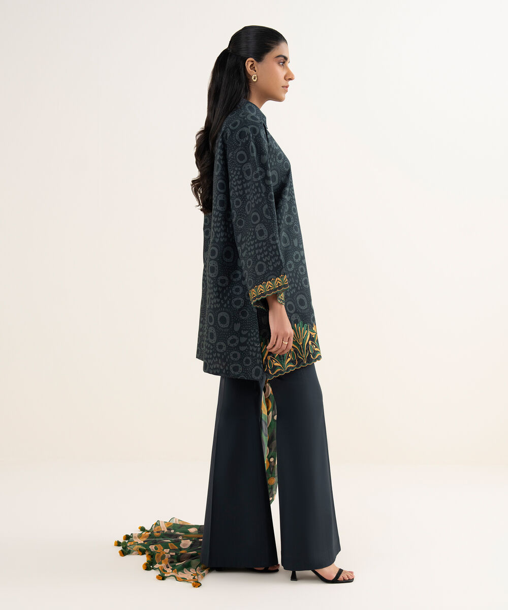 Women's Unstitched Lawn Embroidered Black  3 Piece Suit